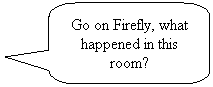 Rounded Rectangular Callout: Go on Firefly, what happened in this room?

